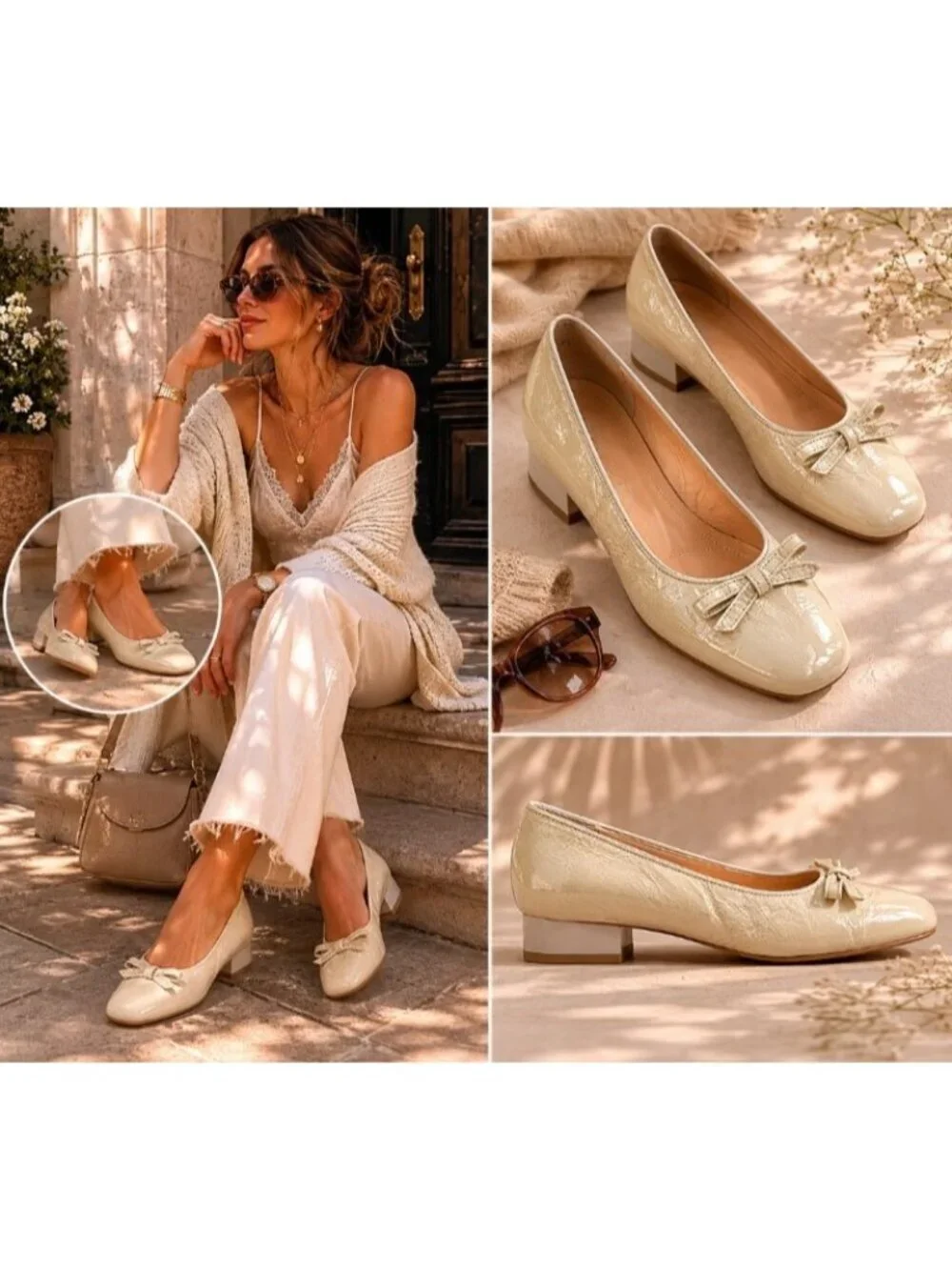 Ara Women’s Beige Leather Ballet Flats Bow Comfort Low Heel Shoes US 8 EU 38.5